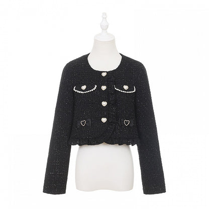 Jirai Kei Black Tweed Crop Jacket with Heart Buttons and Bow Accents