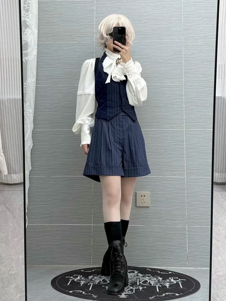 Striped Fabric Dark Blue Ouji Lolita Straight-leg Shorts