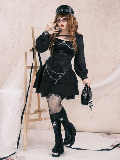 Plus Size Y2K Gothic Black Striped Tiered Skirt with Floral Embroidered Lace Trim