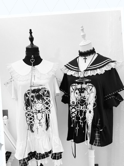 Anime Girl Print Sailor Collar Lace-up Details Black Bittersweet T-shirt