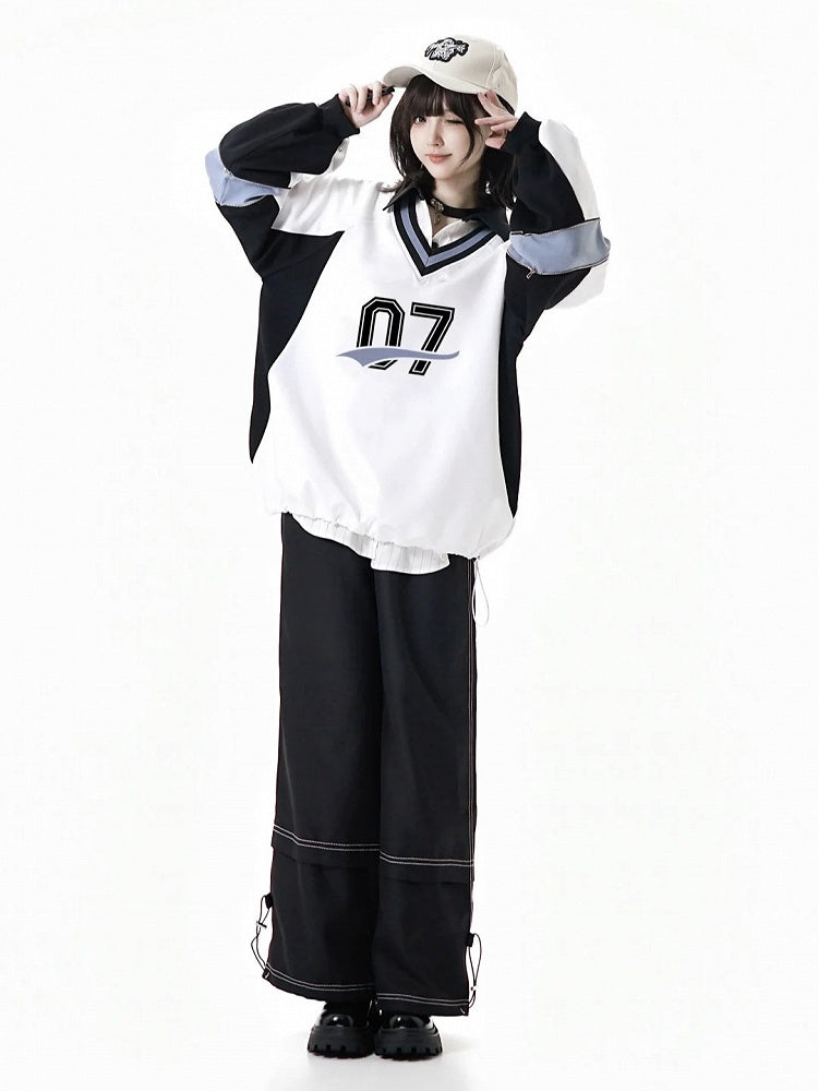 White V-Neck Regular/Back Bow Baseball-Style Sweatshirt with Front Numeric Design