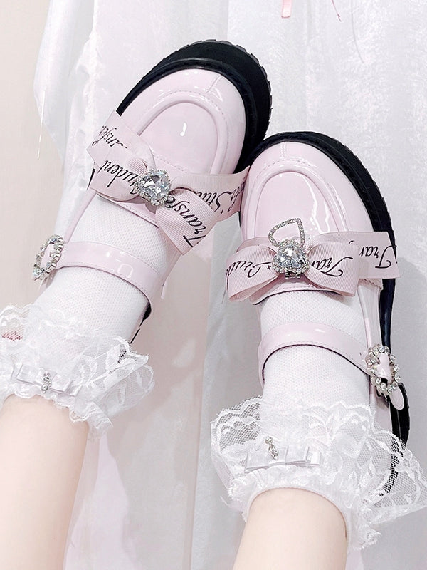 Jirai Kei Rhinestones Bow Clips Pink Chunky Heels Landmine Style Platforms