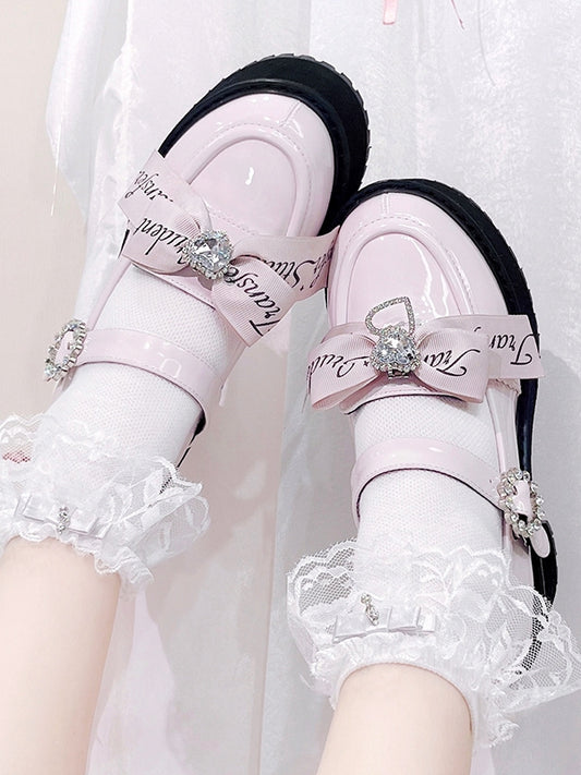 Jirai Kei Rhinestones Bow Clips Pink Chunky Heels Landmine Style Platforms