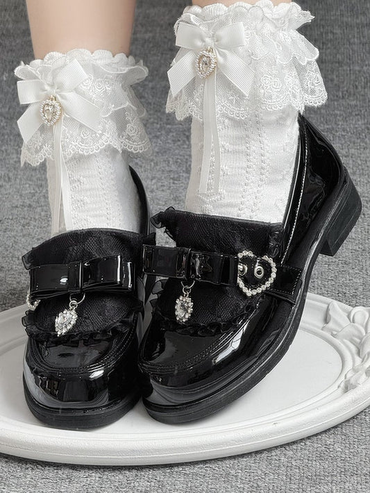 Polished Black Jirai Kei Slip-On Loafers - Low Heel with Rhinestone Decor Bow Accents