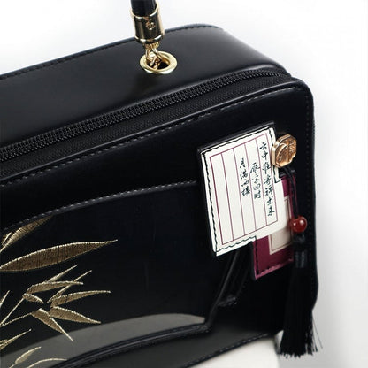 Black Embroidered Bamboo Leaf Cheongsam Style Ita Shoulder Bag with Fringe Charm