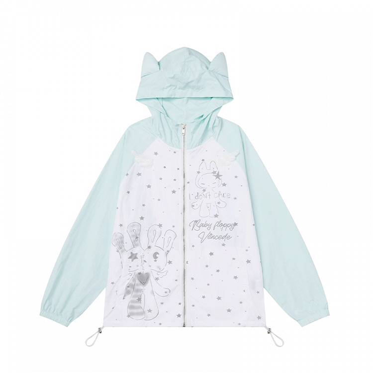 Kitty Ears Design Hood Cartoon Print Black/Green Colorblock Zip-up Jacket