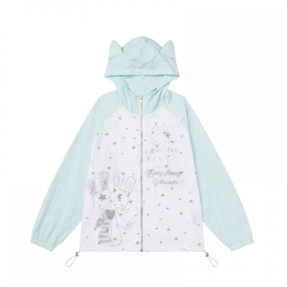 Kitty Ears Design Hood Cartoon Print Black/Green Colorblock Zip-up Jacket