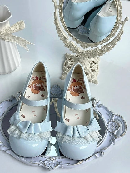 Low-heel Light Blue Mary Janes in PU - Round Toe Design, Lace Edging & Bow Decor