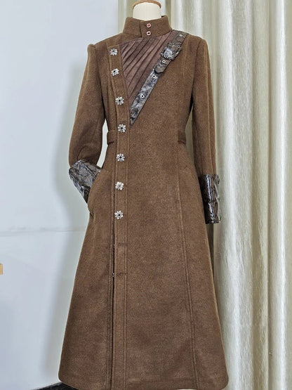 Ouji Fashion Coffee Convertible Collar Lolita Woolen Coat with Leather Accents