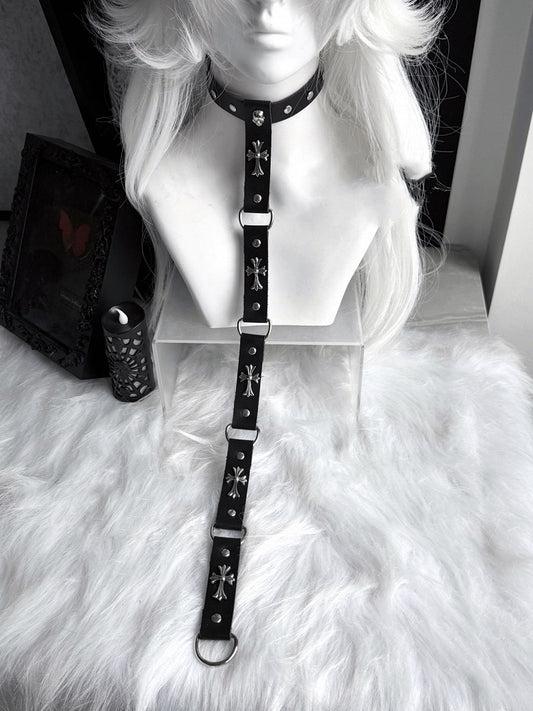 Punk Black/Red PU Cross and Stud Embellished Chain Choker