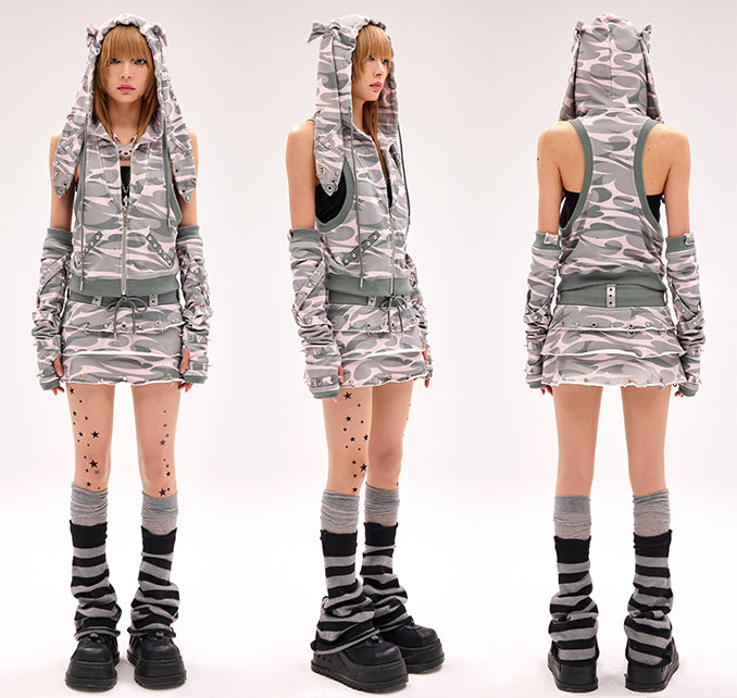 Black/Gray/Pink Criss-cross Straps Studded Gloves