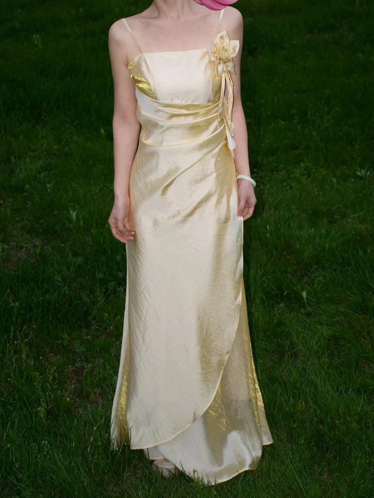 Light Gold Vintage Floral Embellished Sheath Gown Fairy Princess Dress