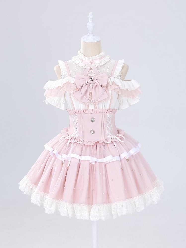 Allover Beads Pink High Waist Jirai Kei Skirt with Lace Up and Shirring Waist