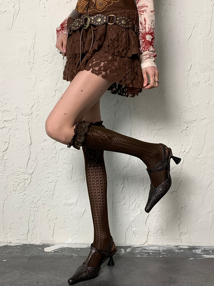 Brown Wasteland Punk Heart Print Tights