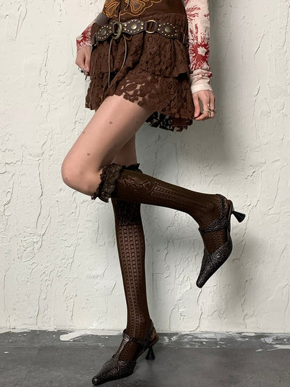 Brown Wasteland Punk Heart Print Tights