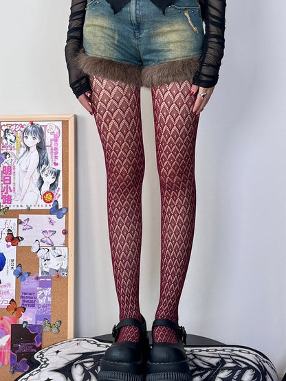 Wine Red Y2K Diamond Pattern Cut-out Design Tights