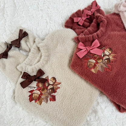 Maple Leaf Embroidery Neckline Bowknot on Cuffs Brick Red Autumn Knit Top