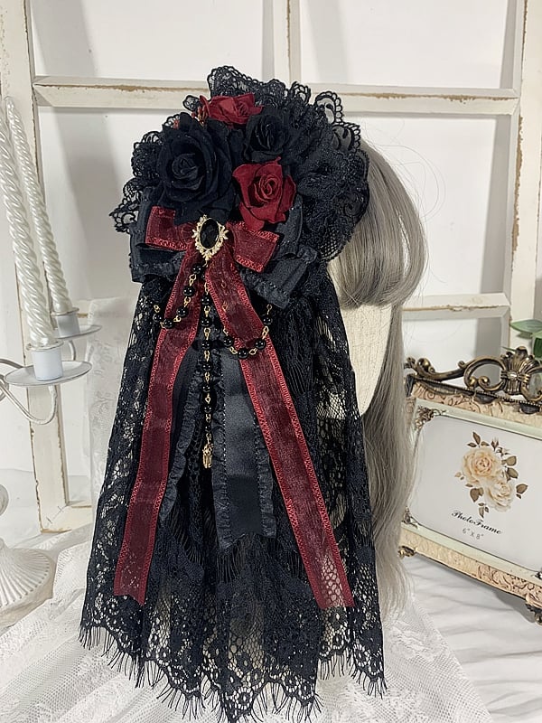 Handmade Gothic Floral Design Bowknot Hairclip with Veil Black&Red/Black