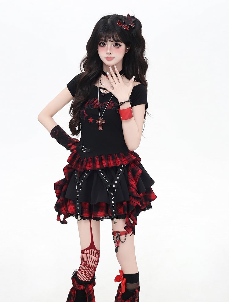 Red and Black Plaid Cascading Ruffle Accents Star and Letter Appliques T-shirt