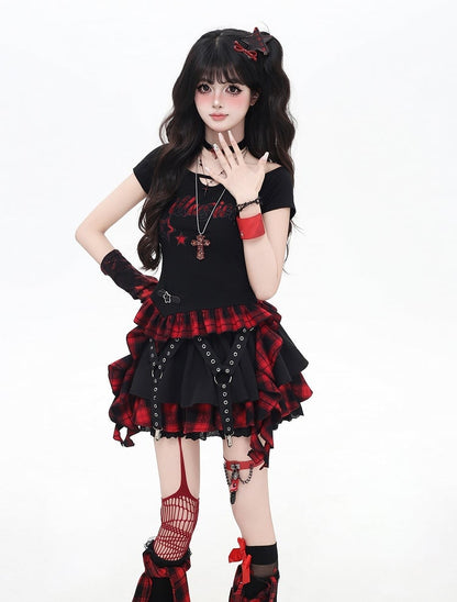 Red and Black Plaid Cascading Ruffle Accents Star and Letter Appliques T-shirt