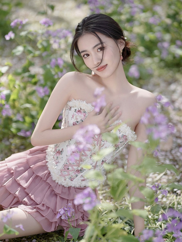 Lace-up Front and Back Floral Print Balletcore Boned Croset Top