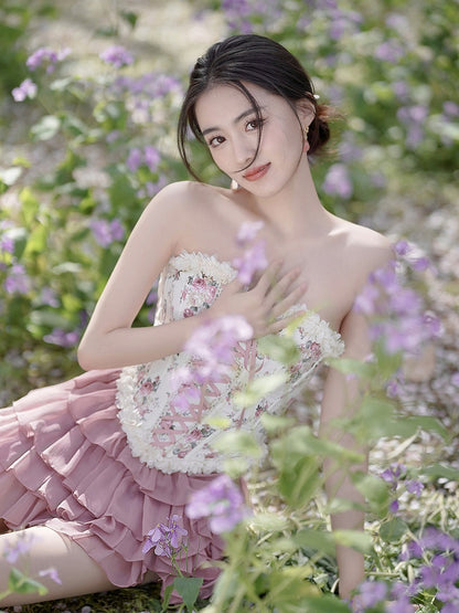 Lace-up Front and Back Floral Print Balletcore Boned Croset Top