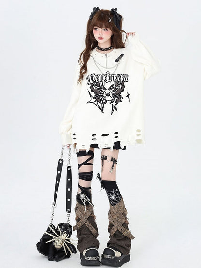 Beige Gothic Distressed Holes Butterfly Sweater with Studs and Chains