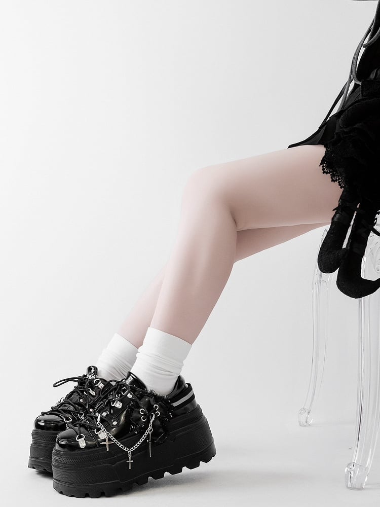 Black Punk Front Lace-up Ties Design Platform Shoes With Detachable Cross Charm Chain