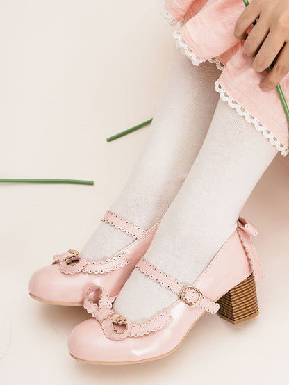 Pink Heart Decorated Bow at Top Mary Janes