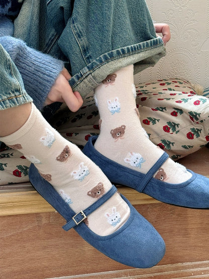 Milk White/Light Pink/Light Coffee/Black Sweet Bunny Bear Bowknot Calf Socks