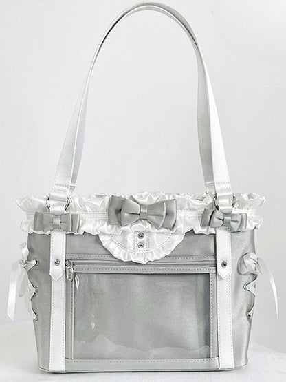 Silver&White Bowknot Details Ruffles Trim Lace-up Design Ita Bag