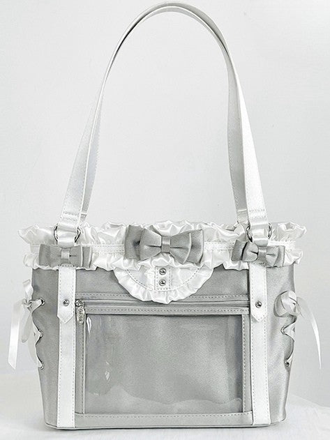 Silver&White Bowknot Details Ruffles Trim Lace-up Design Ita Bag