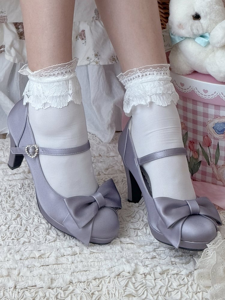 Sophisticated Lolita Purple High Heels - Sparkling Heart Clasp with Ornate Bow Details