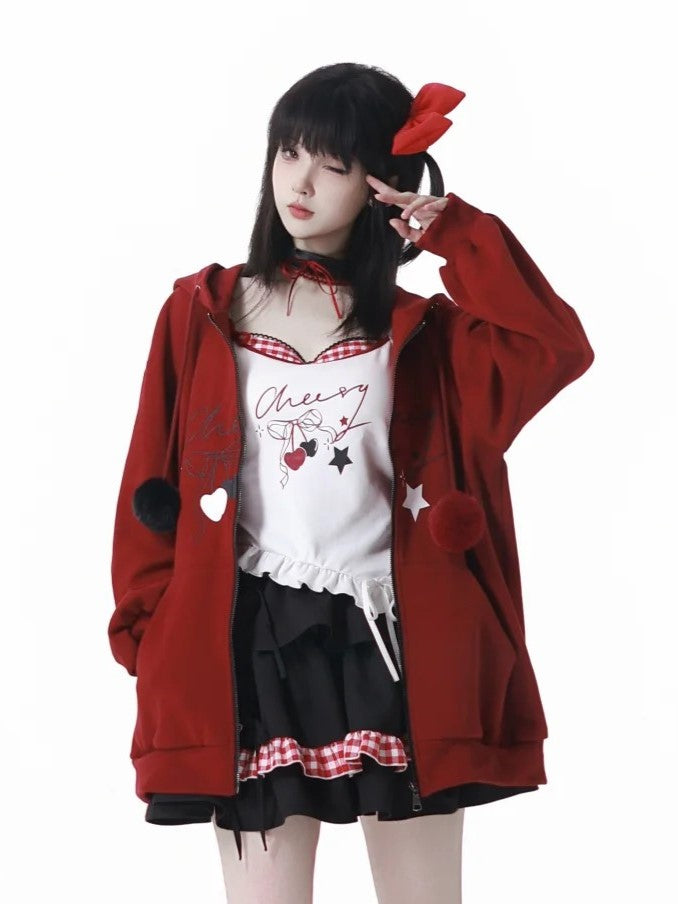 Red Zip-up Hoodie with Plush Pom-Pom Drawstrings