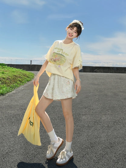 Adorable Bunny Print Green Drawstring Waist Wide-leg Shorts