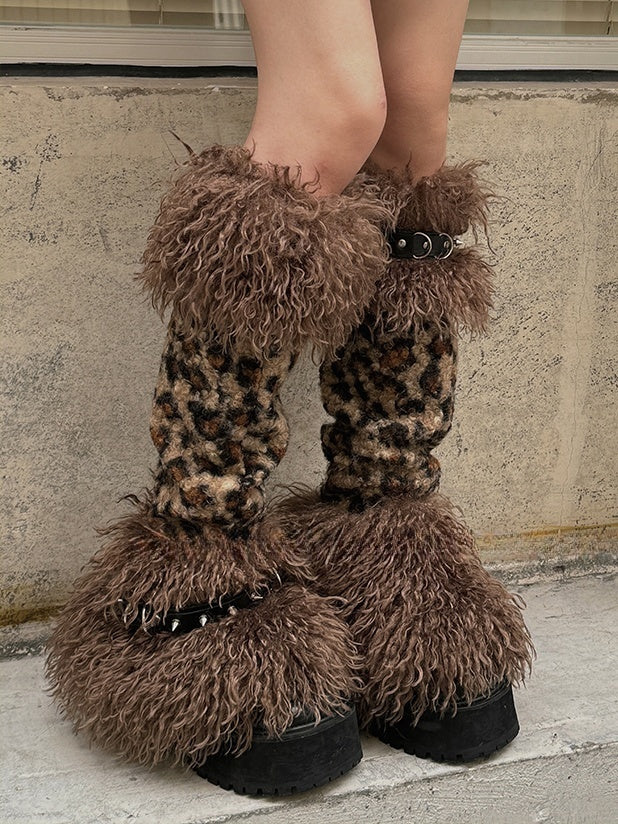 Brown Leopard Stud Buckle Straps Shaggy Leg Warmers