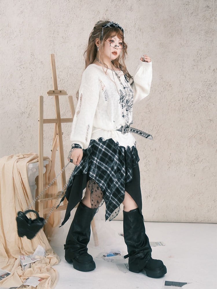 Plus Size Black Plaid Patchwork Handkerchief Hem Skirt with Star Embroidered Lace Layer