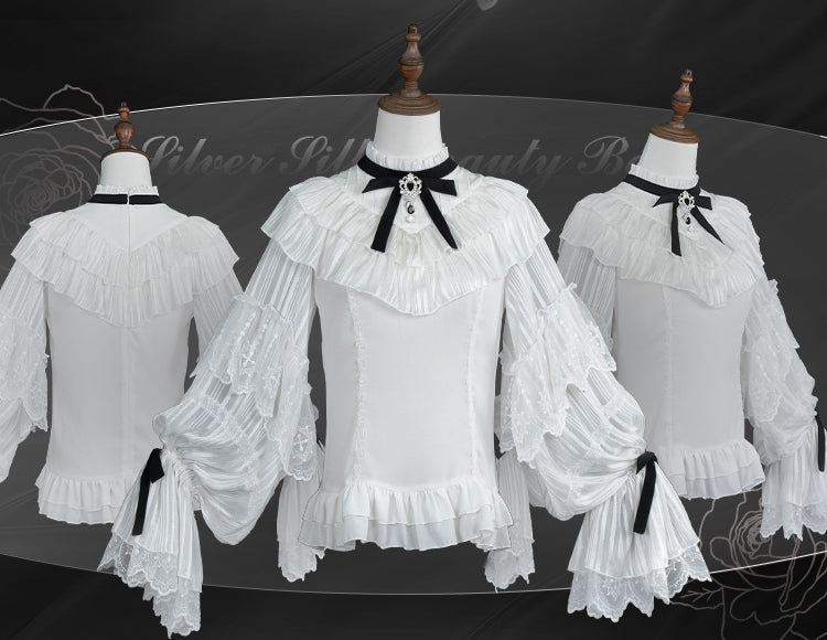 White Elegant Edward Neck Long Sleeves Blouse