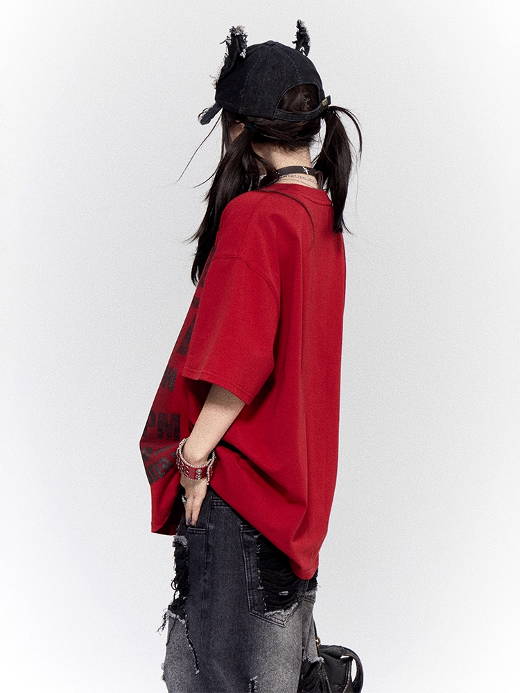 Vintage Letter Print Red Round Neck Distressed Design Oversized T-shirt