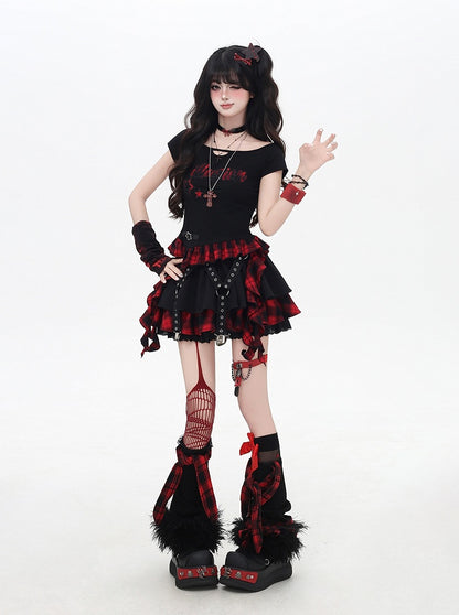 Y2K Red and Black Plaid Criss-cross Design Lace Trim Tiered Skirt