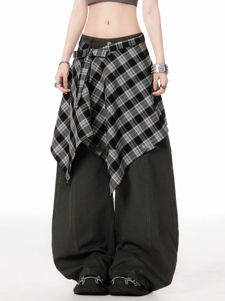 Dark Gray/Brown Low Rise Vintage Wide-leg Pants with Plaid Waist Accessory