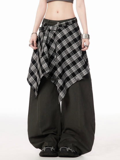 Dark Gray/Brown Low Rise Vintage Wide-leg Pants with Plaid Waist Accessory