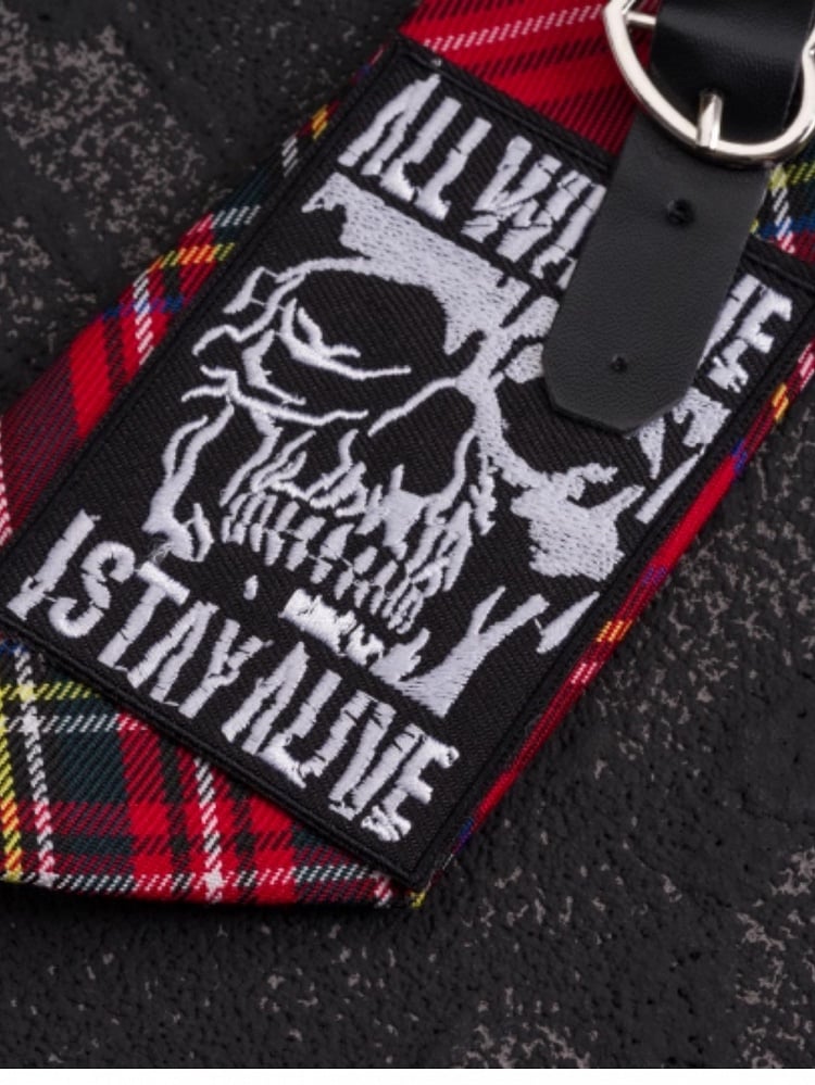 Red Plaid Pattern With Skull Applique Decorated Heart Buckle Tie