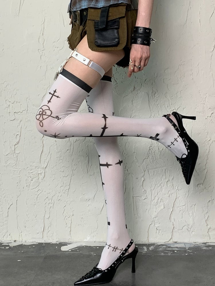 Peach Pink Gothic Cross Print Over-knee Stockings