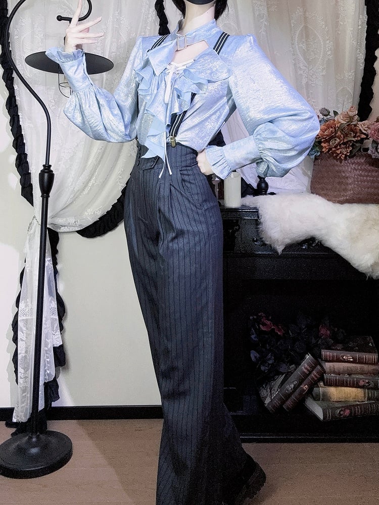 Striped Fabric Dark Blue Ouji Lolita Pants