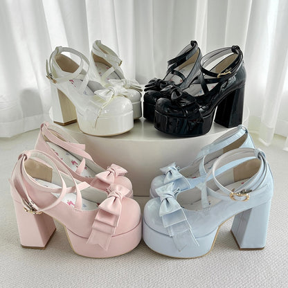 Crisscross Ankle Strap White Bow at Top 11cm High Heels