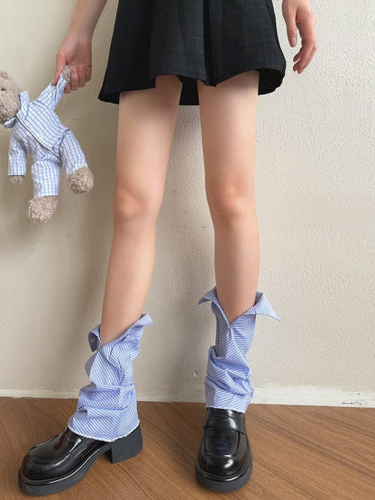 Navy Blue Striped Pattern Shirt Collar Design Cuffs Leg Sleeves