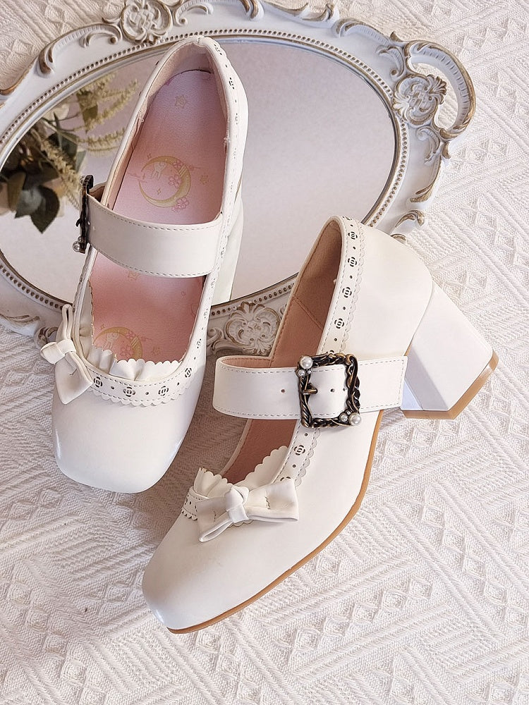 White Sophisticated Lolita Mary Janes - Low-heel/Mid-heel Design with Floral Openwork & Snap Design