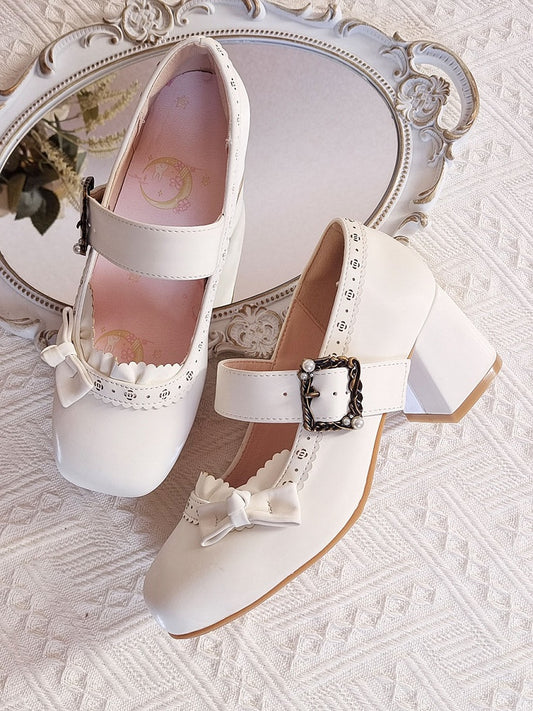 White Sophisticated Lolita Mary Janes - Low-heel/Mid-heel Design with Floral Openwork & Snap Design