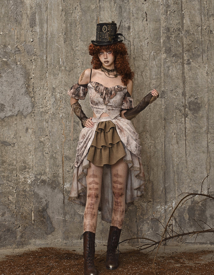 Clearance - Size M for Bust 82-90cm Pictorial Print Neckline Summer Cami Top with Detachable Puff Sleeves